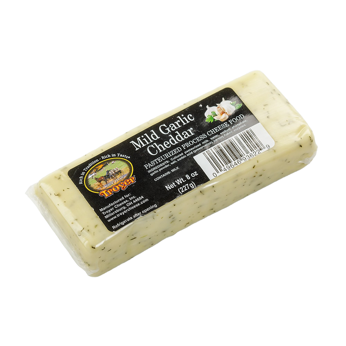 Handcrafted mild garlic cheddar cheese food block, shelf-stable and made in USA, perfect for Kitchen & Food, Snacks and Sweets, Pantry, USA Made, Best Sellers, and Promo Eligible collections.
