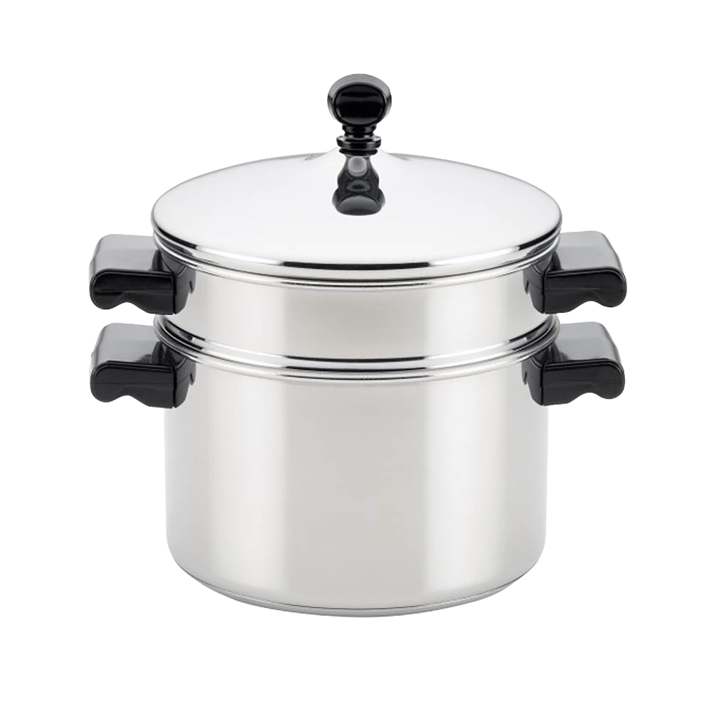 Polished stainless steel 3-quart saucepot with matching lid and steamer insert, featuring black handles, ideal for Kitchen & Food, Cookware, Pots and Pans, Best Sellers, and Promo Eligible collections.