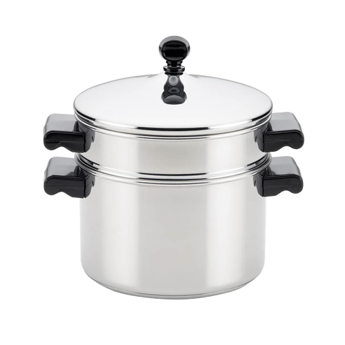 Polished stainless steel 3-quart saucepot with matching lid and steamer insert, featuring black handles, ideal for Kitchen & Food, Cookware, Pots and Pans, Best Sellers, and Promo Eligible collections.