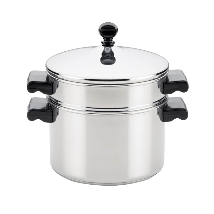 Polished stainless steel 3-quart saucepot with matching lid and steamer insert, featuring black handles, ideal for Kitchen & Food, Cookware, Pots and Pans, Best Sellers, and Promo Eligible collections.