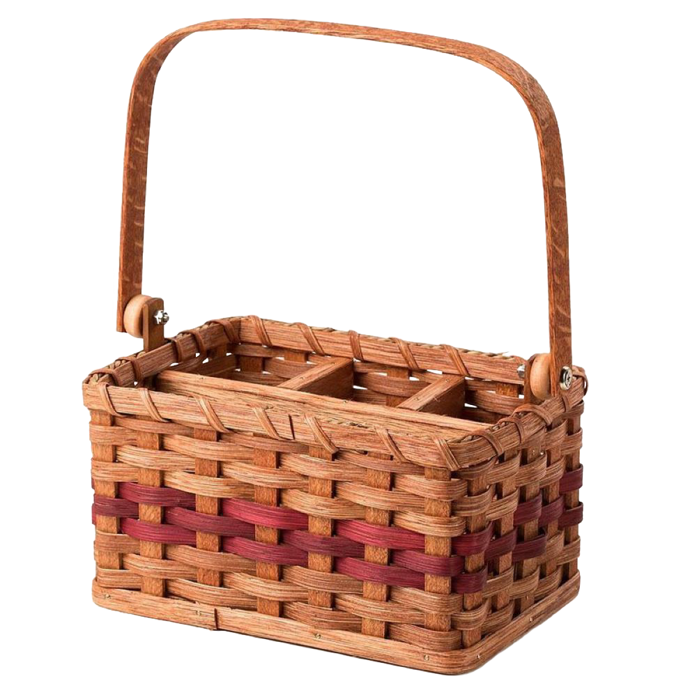 Handcrafted Amish-made silverware basket with natural woven wood and red accent bands, featuring four compartments and a sturdy handle, ideal for Kitchen & Food and Dinnerware collections.
