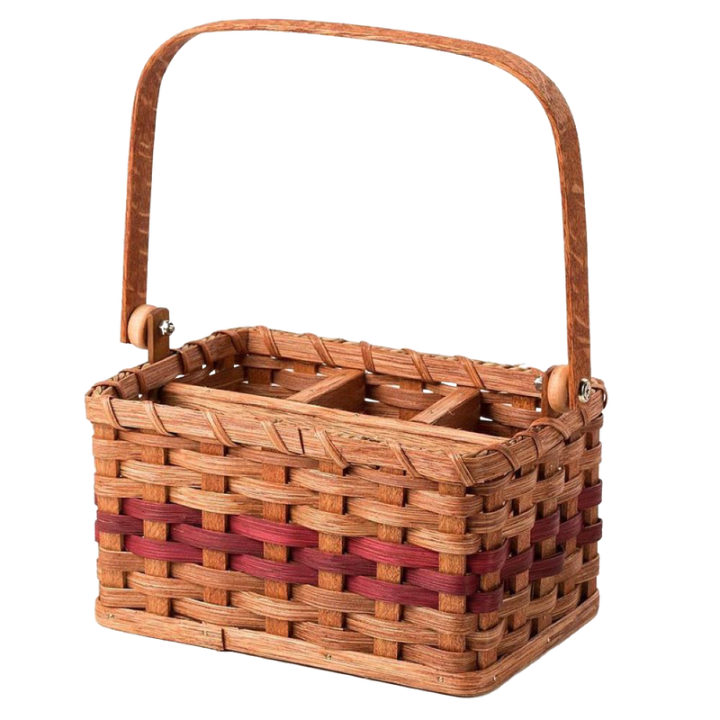 Handcrafted Amish-made silverware basket with natural woven wood and red accent bands, featuring four compartments and a sturdy handle, ideal for Kitchen & Food and Dinnerware collections.