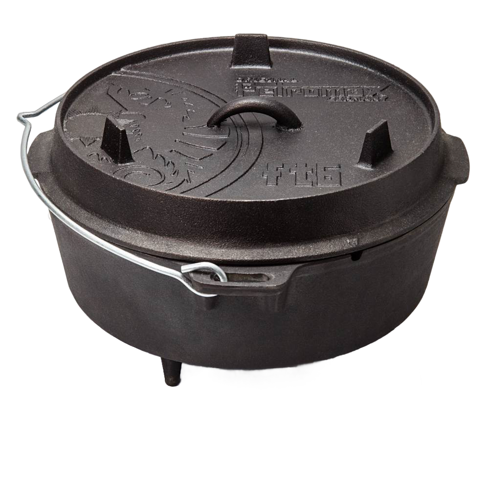 Black cast iron Dutch oven with three sturdy legs, a raised handle lid embossed with decorative details, and a metal bail handle, suited for open-air cooking and baking in Kitchen & Food, Cookware, Cast Iron collections.