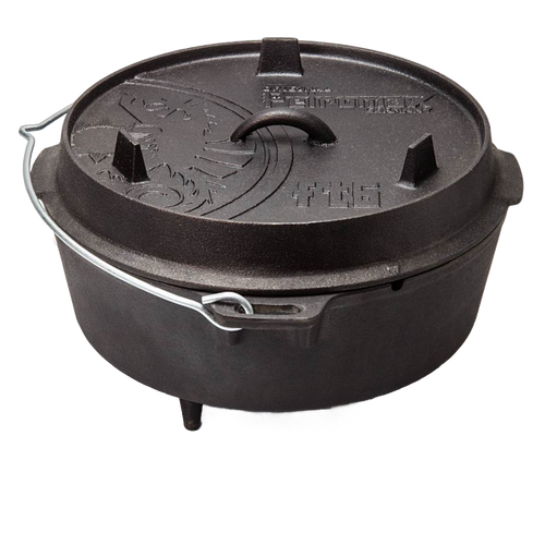 Black cast iron Dutch oven with three sturdy legs, a raised handle lid embossed with decorative details, and a metal bail handle, suited for open-air cooking and baking in Kitchen & Food, Cookware, Cast Iron collections.
