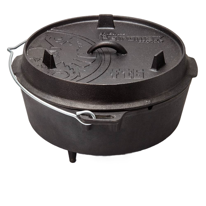 Black cast iron Dutch oven with three sturdy legs, a raised handle lid embossed with decorative details, and a metal bail handle, suited for open-air cooking and baking in Kitchen & Food, Cookware, Cast Iron collections.
