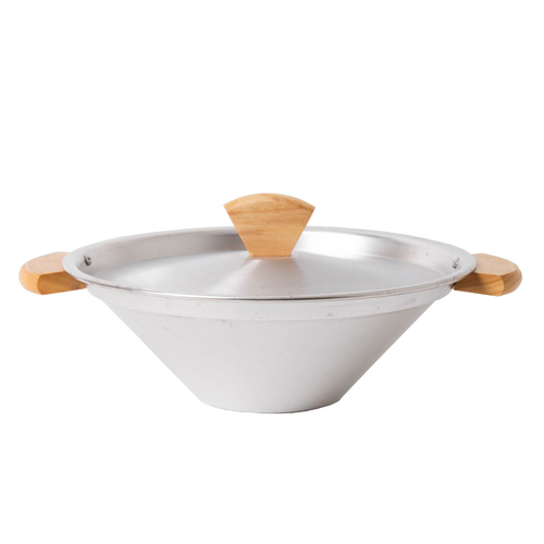 Aluminum stovetop popcorn popper with a conical shape, wooden handles, and lid knob, designed for easy popcorn making, featured in Kitchen & Food and Cookware collections.