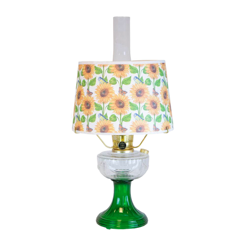 Handcrafted oil lamp featuring an Ohio-made emerald glass base with a sunflower-patterned shatterproof parchment shade, ideal for Farm, Garden & Tool, Lamps & Lighting, Emergency Supplies collections.