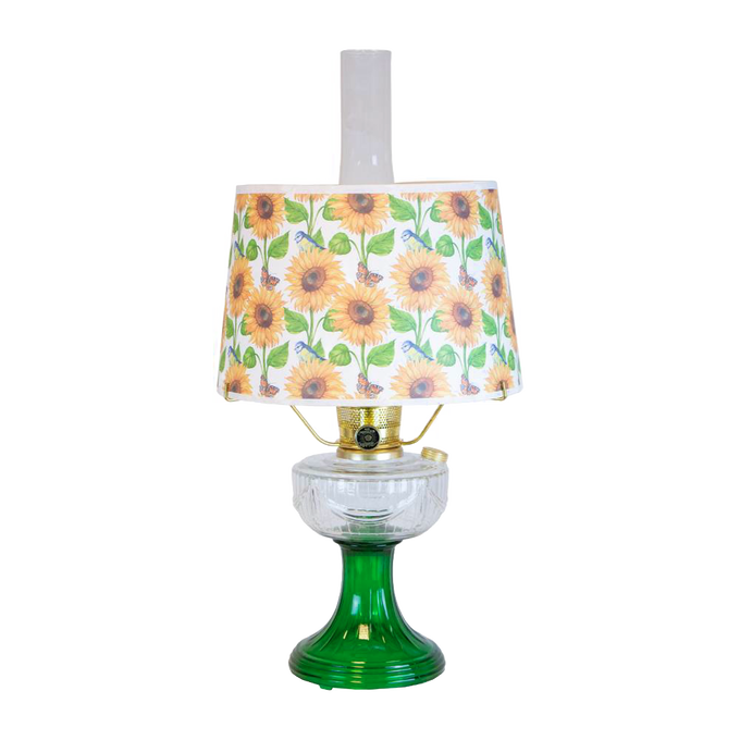Handcrafted oil lamp featuring an Ohio-made emerald glass base with a sunflower-patterned shatterproof parchment shade, ideal for Farm, Garden & Tool, Lamps & Lighting, Emergency Supplies collections.