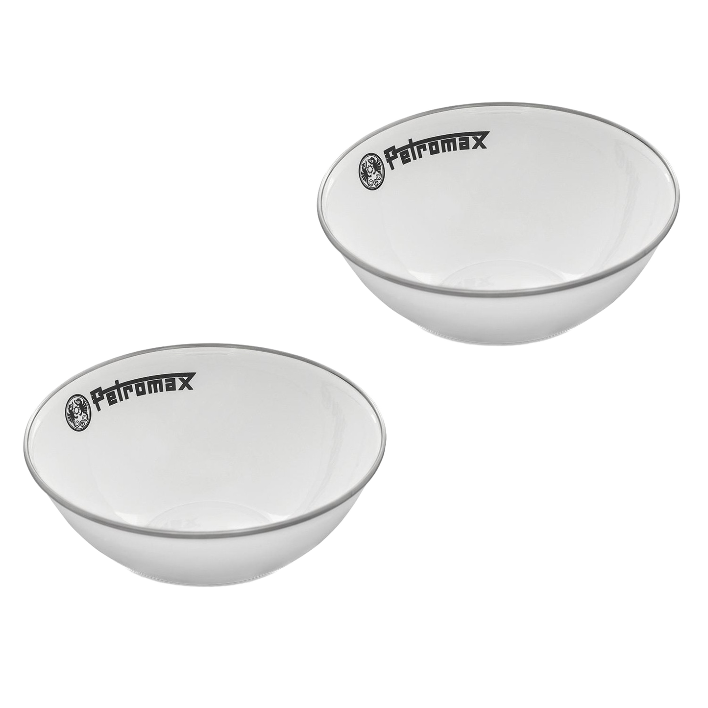 Two white enamel bowls with subtle black rims and logos, lightweight yet durable for camping, kitchen, and outdoor use in Farm, Garden & Tool, Camping, Dinnerware, and Best Sellers collections.