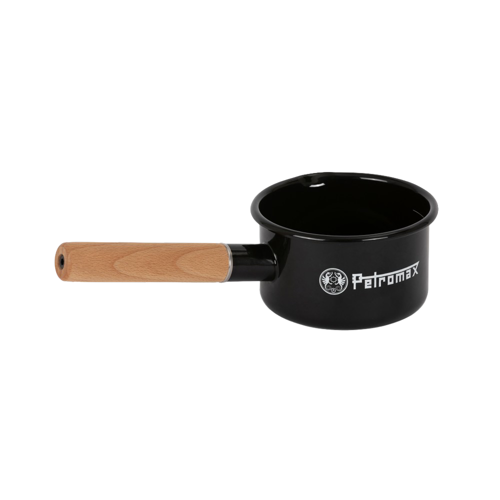 Black enamel pan with a wooden handle featuring the Petromax logo, designed for durable outdoor cooking in Farm, Garden & Tool, Kitchen & Food, Camping, Cookware, Pots and Pans, and Best Sellers collections.