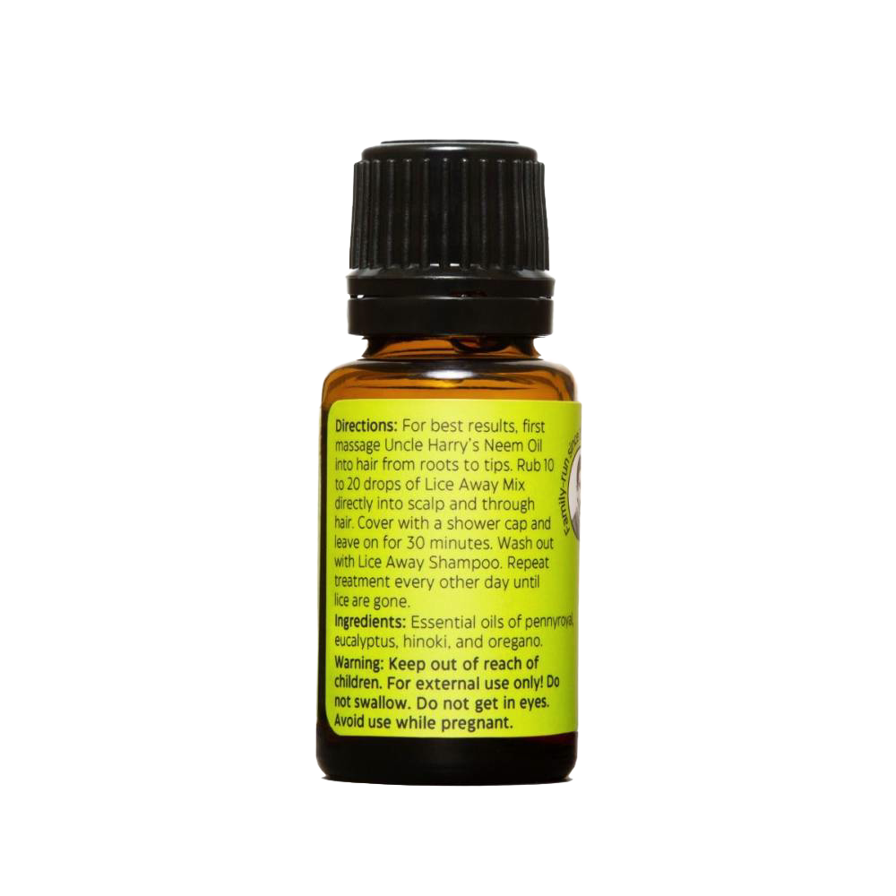 Small amber glass bottle with black plastic reducer cap featuring a bright yellow label listing directions, ingredients, and warnings for a natural lice treatment, suitable for Health & Wellness and Grooming and Personal Hygiene collections.