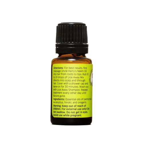 Small amber glass bottle with black plastic reducer cap featuring a bright yellow label listing directions, ingredients, and warnings for a natural lice treatment, suitable for Health & Wellness and Grooming and Personal Hygiene collections.