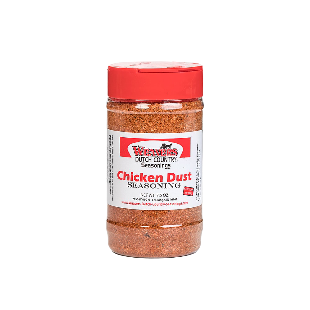 Clear plastic shaker bottle of seasoned red chicken dust with a red cap and labeled front, featured in Kitchen & Food, Food, Pantry, USA Made, Best Sellers, and Promo Eligible collections.