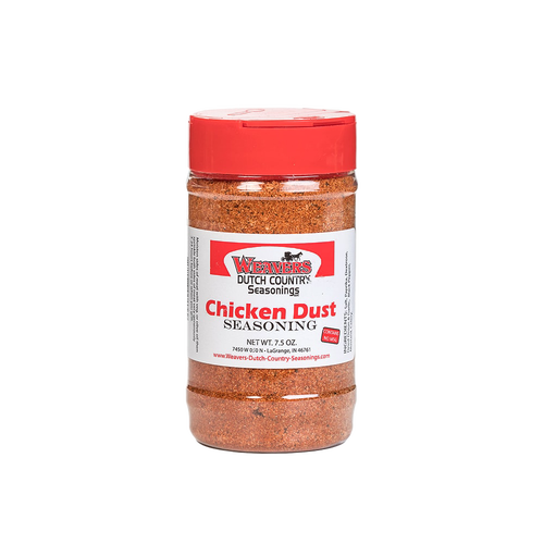 Clear plastic shaker bottle of seasoned red chicken dust with a red cap and labeled front, featured in Kitchen & Food, Food, Pantry, USA Made, Best Sellers, and Promo Eligible collections.