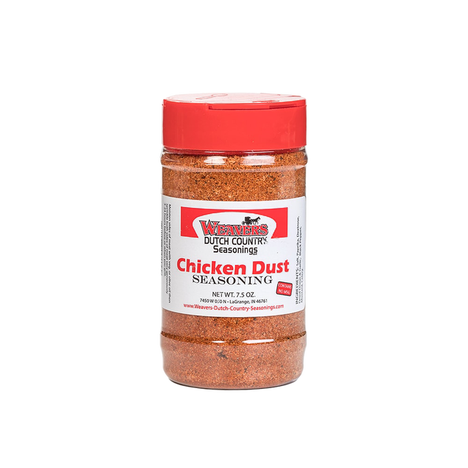 Clear plastic shaker bottle of seasoned red chicken dust with a red cap and labeled front, featured in Kitchen & Food, Food, Pantry, USA Made, Best Sellers, and Promo Eligible collections.