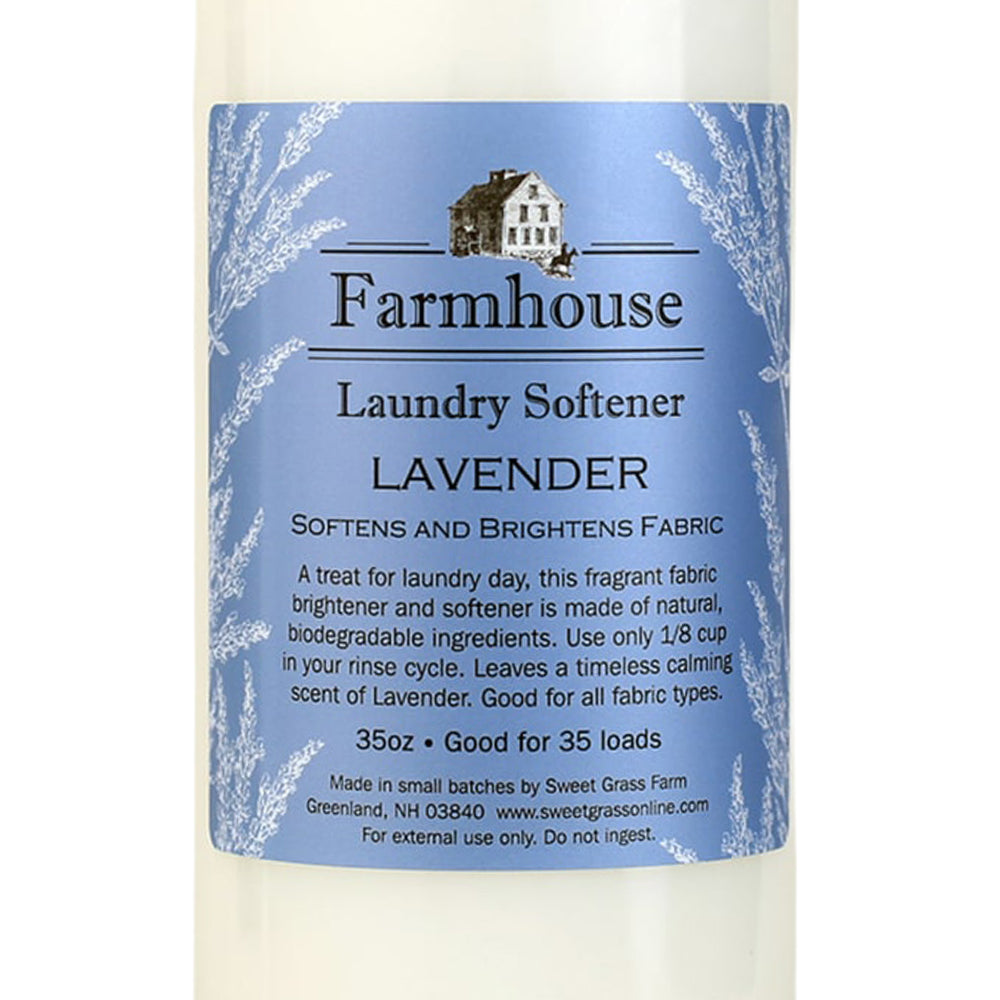 Bottle of handcrafted lavender fabric softener with natural biodegradable ingredients, designed to soften and brighten fabrics gently, featured in Home & Decor and Laundry Supplies collections.