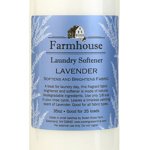 Bottle of handcrafted lavender fabric softener with natural biodegradable ingredients, designed to soften and brighten fabrics gently, featured in Home & Decor and Laundry Supplies collections.