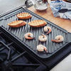 Reversible two-burner indoor grill with ribbed nonstick surface grilling shrimp and bread, featured in Kitchen & Food, Cookware, Pots and Pans, USA Made, Best Sellers collections.