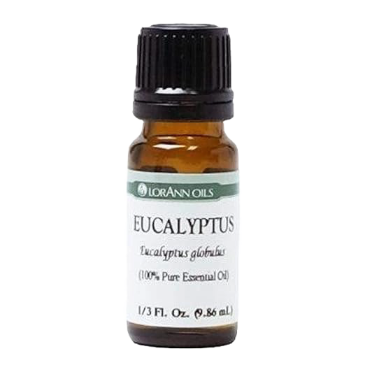 Small amber glass bottle of eucalyptus pure essential oil with black cap, suitable for aromatherapy, soapmaking, and crafted health remedies collections.