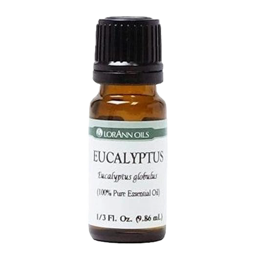Small amber glass bottle of eucalyptus pure essential oil with black cap, suitable for aromatherapy, soapmaking, and crafted health remedies collections.