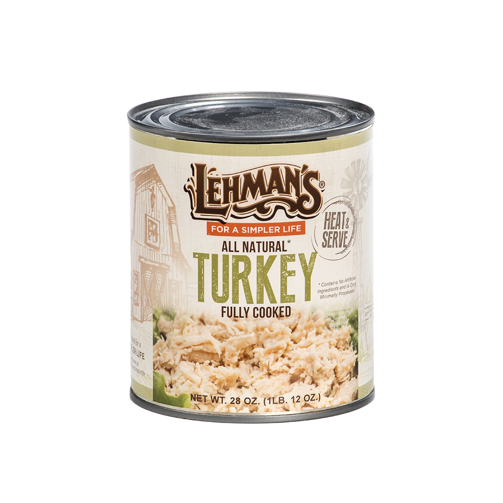 Canned fully cooked all-natural turkey from Lehman’s, ideal for quick meals and emergency supplies, featured in Farm, Garden & Tool, Kitchen & Food, Food, Meats, Best Sellers, and Promo Eligible collections.