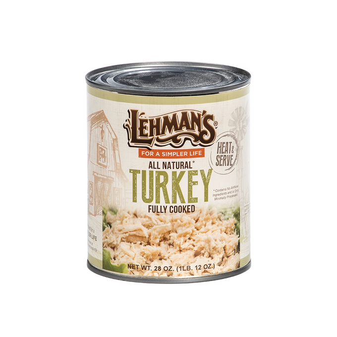 Canned fully cooked all-natural turkey from Lehman’s, ideal for quick meals and emergency supplies, featured in Farm, Garden & Tool, Kitchen & Food, Food, Meats, Best Sellers, and Promo Eligible collections.