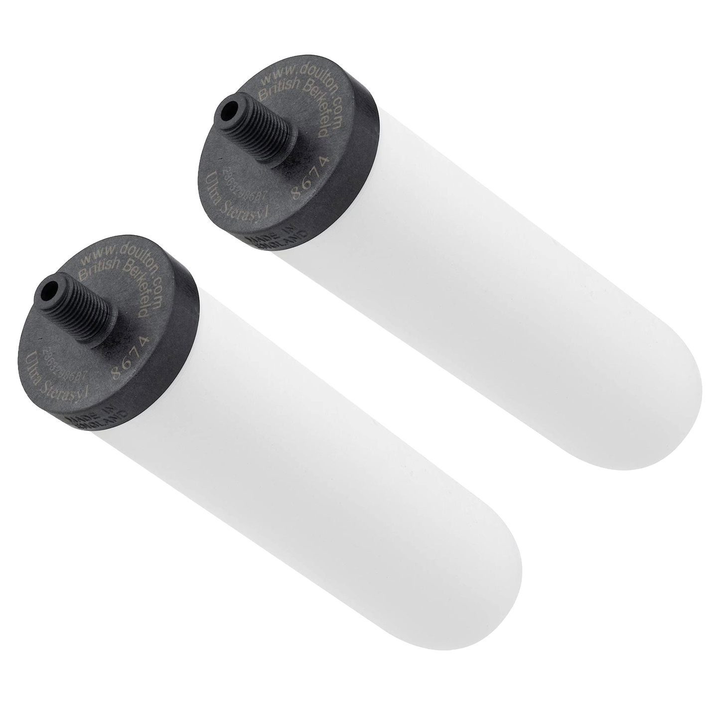 Pair of handcrafted white ceramic water filter elements with black threaded tops, compatible with British Berkefeld gravity systems, featured in Farm, Garden & Tool and Emergency Supplies collections.