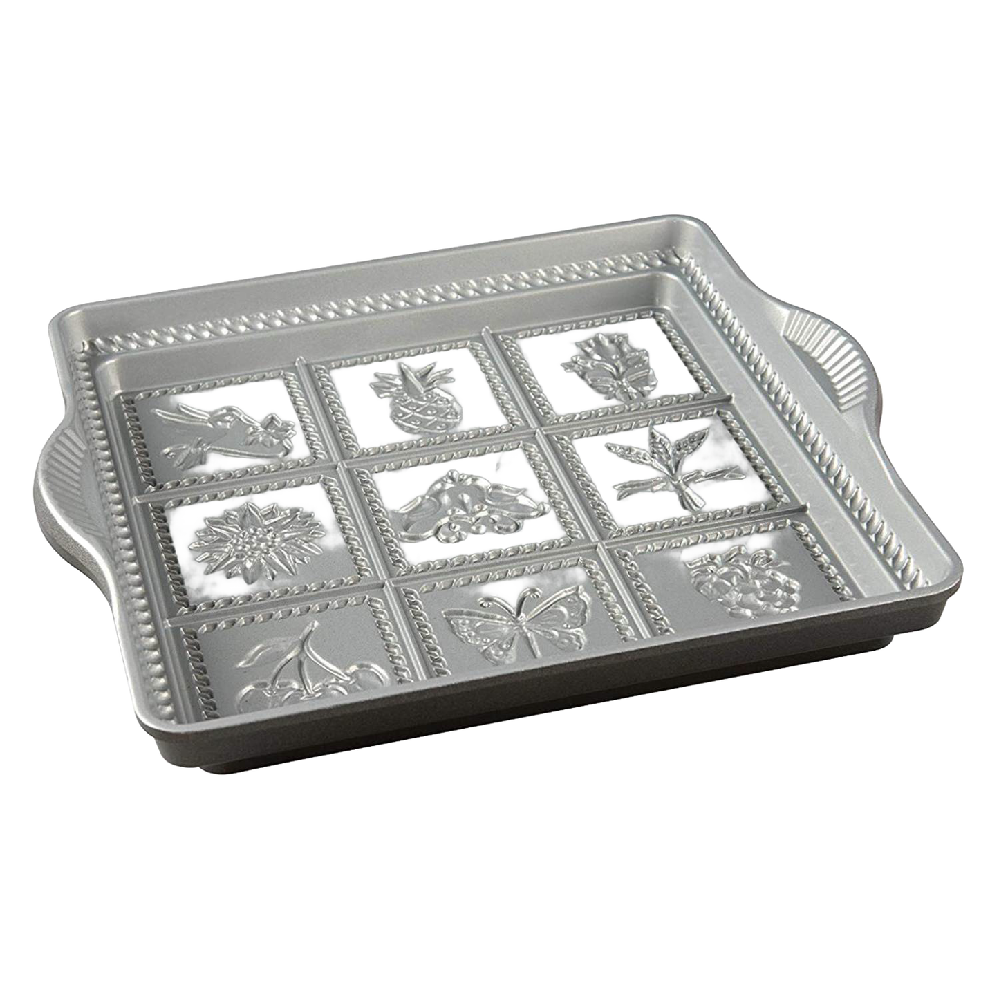 Cast aluminum baking pan with deep, detailed molds featuring floral, butterfly, and fruit designs, nonstick surface, handcrafted in USA for Kitchen & Food and Baking Supplies collections.
