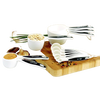 Set of 12 white measuring cups and spoons with black non-slip ergonomic handles, arranged on a wooden cutting board with spices, perfect for Kitchen & Food, Baking Supplies, and Food Prep collections.