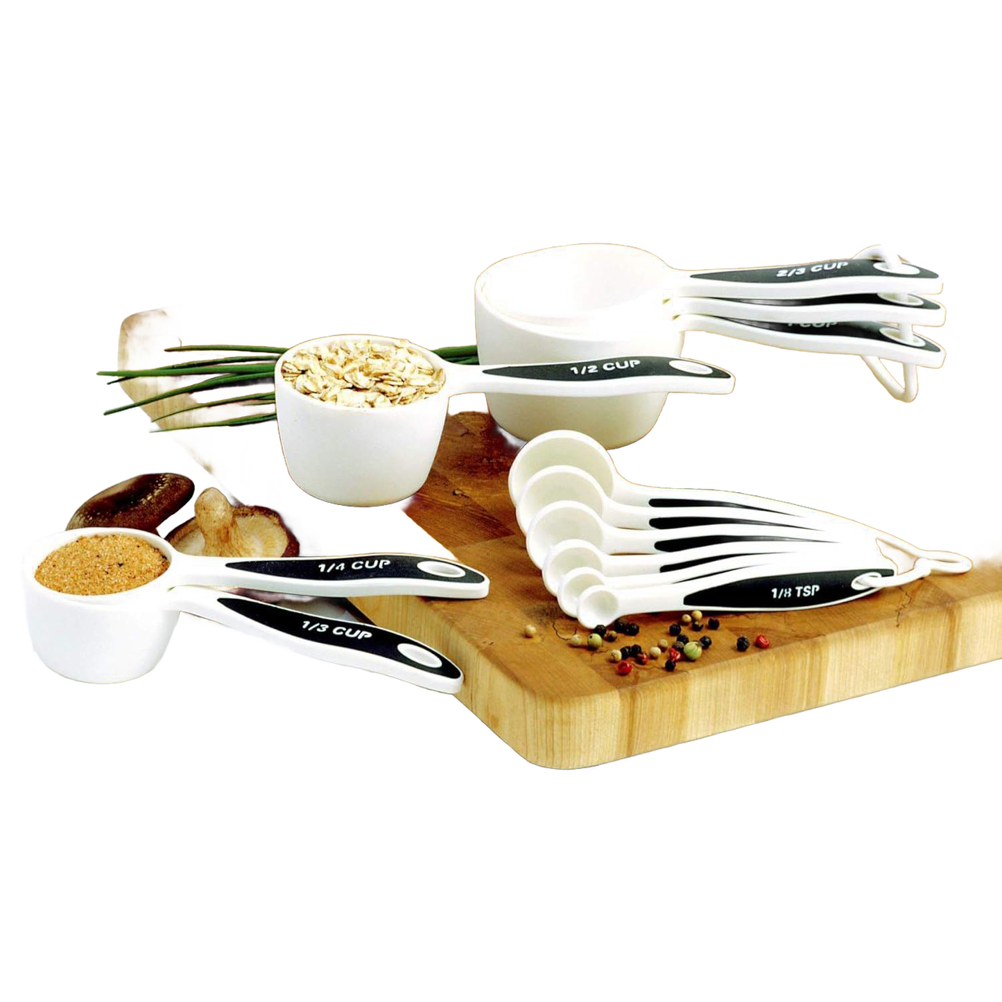 Set of 12 white measuring cups and spoons with black non-slip ergonomic handles, arranged on a wooden cutting board with spices, perfect for Kitchen & Food, Baking Supplies, and Food Prep collections.