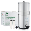 Stainless steel gravity water filter with two ceramic filter elements and spigot, designed for clean drinking water in camping, emergency, farm, and garden use.