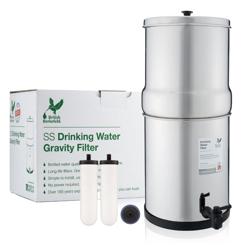 Stainless steel gravity water filter with two ceramic filter elements and spigot, designed for clean drinking water in camping, emergency, farm, and garden use.