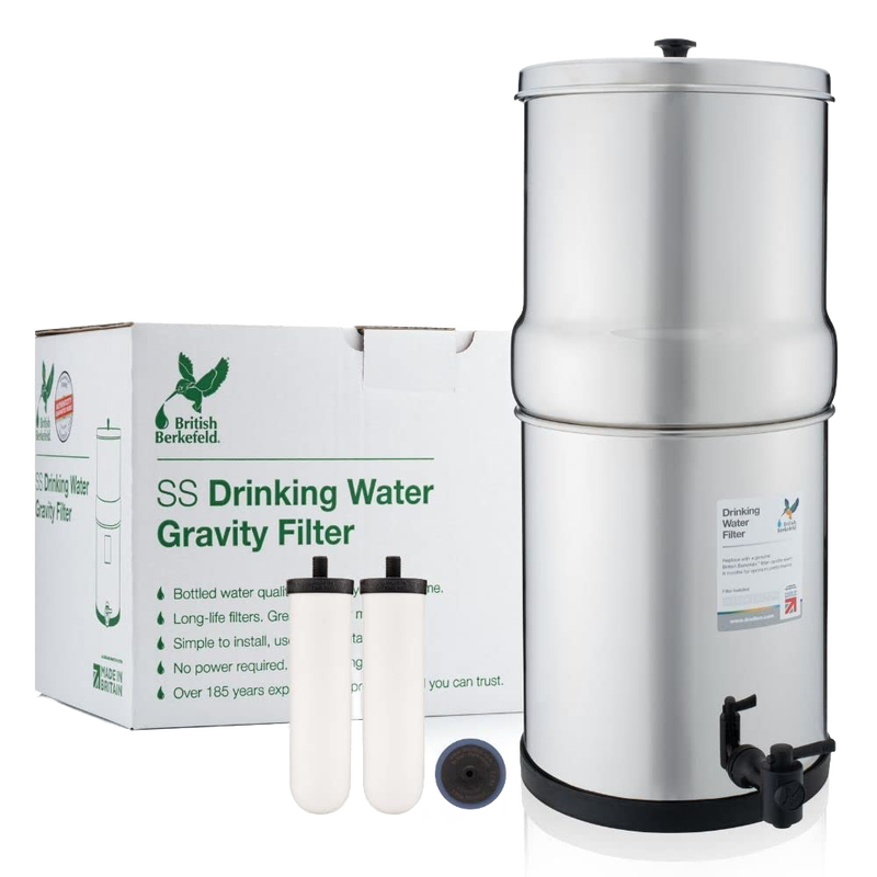 Stainless steel gravity water filter with two ceramic filter elements and spigot, designed for clean drinking water in camping, emergency, farm, and garden use.