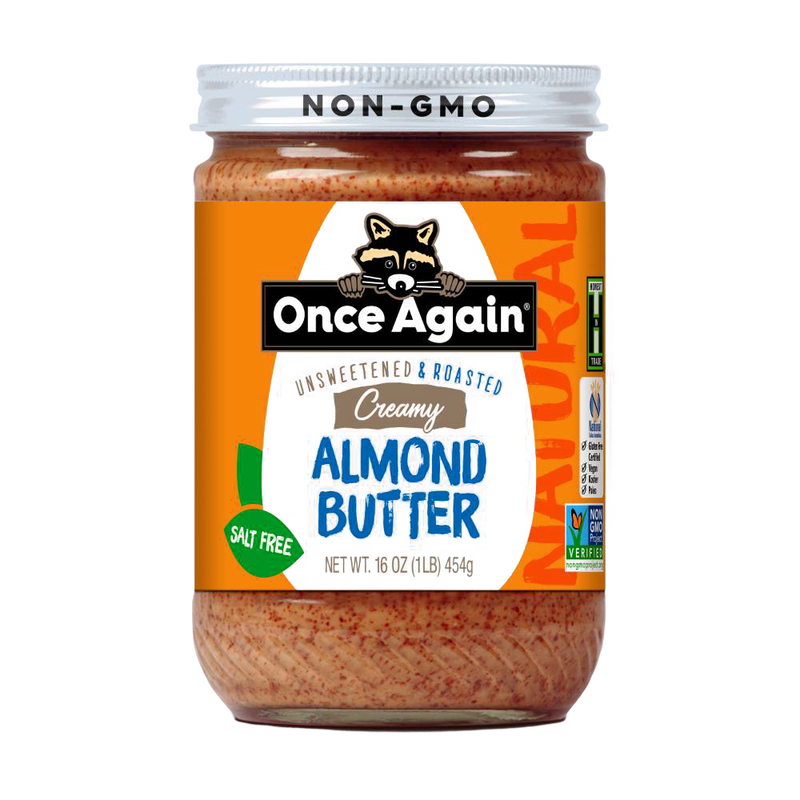 Jar of handcrafted creamy almond butter made in USA, unsweetened, salt-free, non-GMO, gluten-free, featured in Kitchen & Food and Peanut Butter & Jellies collections.