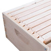 Close-up view of a handcrafted wooden 8-frame medium bee box, showcasing its smooth natural finish and assembled design, made in the USA by an Amish family, ideal for beekeeping supplies and farm tool collections.