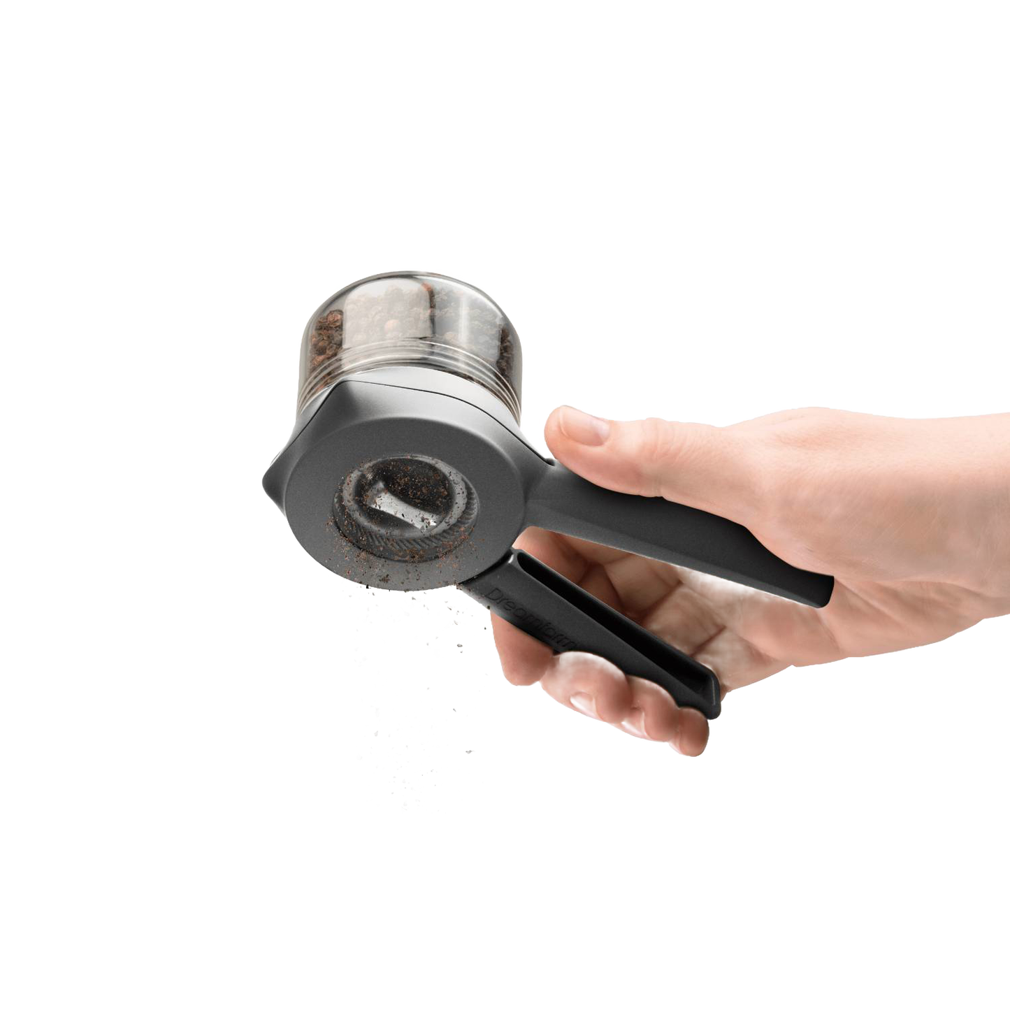 Hand holding a black and clear adjustable spice mill grinding fresh peppercorns, designed for easy one- or two-handed use, featured in Kitchen & Food, Dinnerware, and Kitchen Gadgets collections.