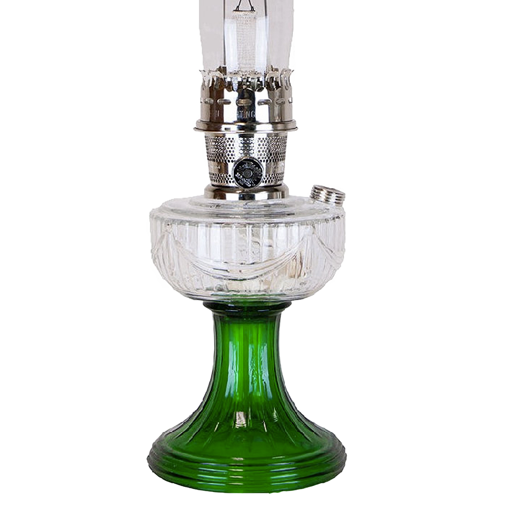 Handcrafted vintage-inspired oil lamp featuring a clear glass bowl over an emerald green glass pedestal base with intricate Lincoln drape pattern, ideal for Lamps & Lighting and Best Sellers collections.