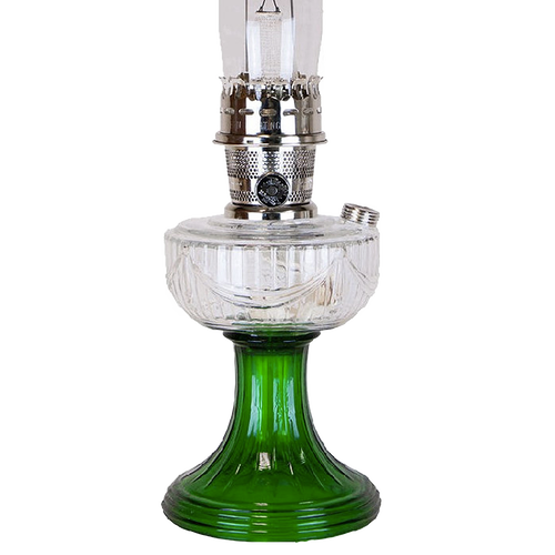 Handcrafted vintage-inspired oil lamp featuring a clear glass bowl over an emerald green glass pedestal base with intricate Lincoln drape pattern, ideal for Lamps & Lighting and Best Sellers collections.