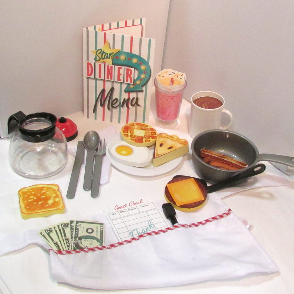 Imaginative playset featuring wooden diner accessories including double-sided food pieces like toast, eggs, pie, coffee, milkshake, working bell, play money, menu, and guest check with marker, perfect for children's indoor play and best sellers collections.