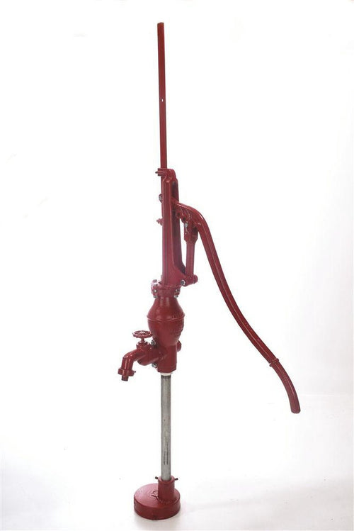 Amish handcrafted deep well lift pump with a red finish, durable metal construction, long handle, and spout, perfect for yard water pumping, featured in USA Made and Water Pumps collections.