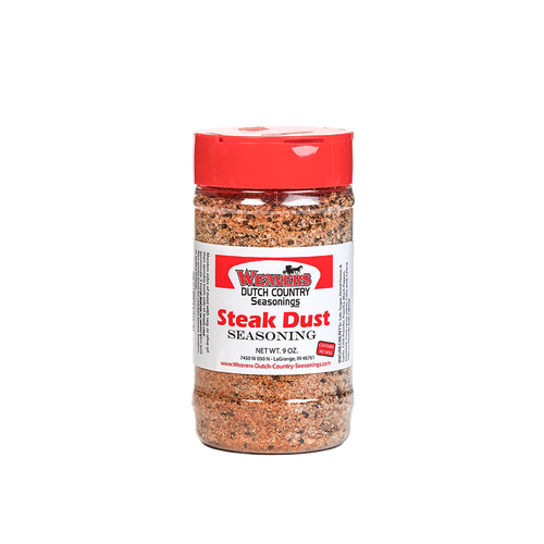 Clear shaker bottle of seasoned steak dust with red cap and labeled front, featuring a flavorful blend made in USA, perfect for Kitchen & Food, Pantry, and Best Sellers collections.