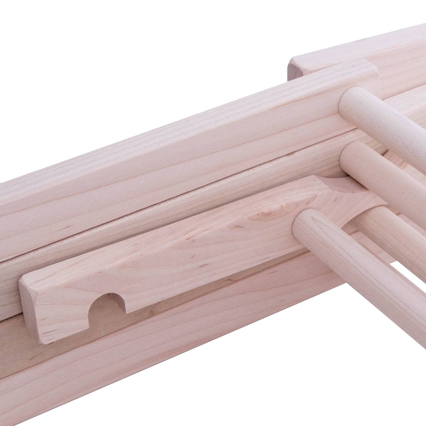 Close-up of a handcrafted wooden drying rack detail showing smooth hardwood dowels and sturdy frame construction, Amish made in the USA, ideal for Home & Decor and Laundry Supplies collections.