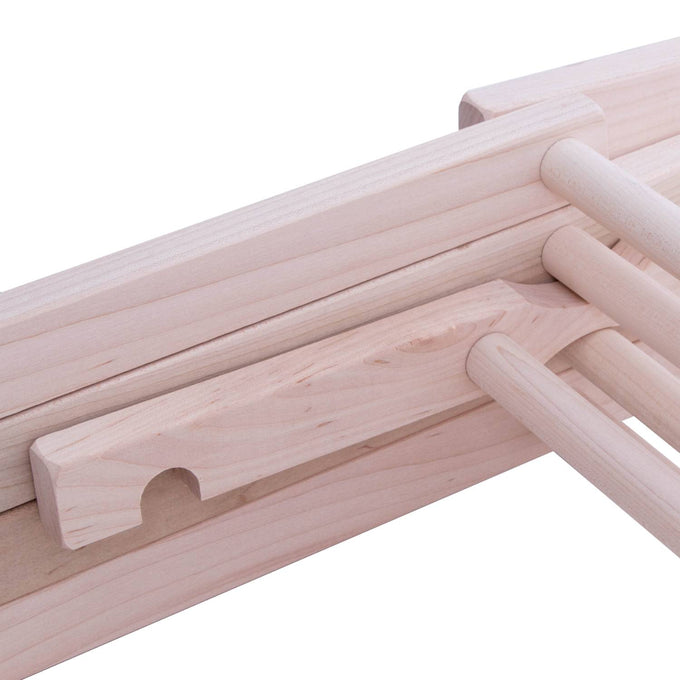 Close-up of a handcrafted wooden drying rack detail showing smooth hardwood dowels and sturdy frame construction, Amish made in the USA, ideal for Home & Decor and Laundry Supplies collections.