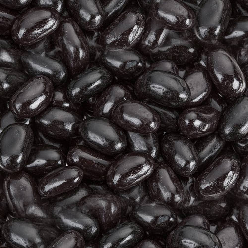 Close-up view of glossy jumbo black licorice jelly beans, showcasing their smooth texture and deep black color, featured in Kitchen & Food and Snacks and Sweets collections.