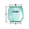 Clear replacement glass globe with precise base, top diameters, and height measurements, suitable for vintage and camping lanterns, featured in Lamps & Lighting and Emergency Supplies collections.