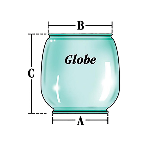 Clear replacement glass globe with precise base, top diameters, and height measurements, suitable for vintage and camping lanterns, featured in Lamps & Lighting and Emergency Supplies collections.