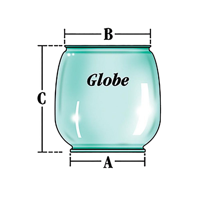 Clear replacement glass globe with precise base, top diameters, and height measurements, suitable for vintage and camping lanterns, featured in Lamps & Lighting and Emergency Supplies collections.