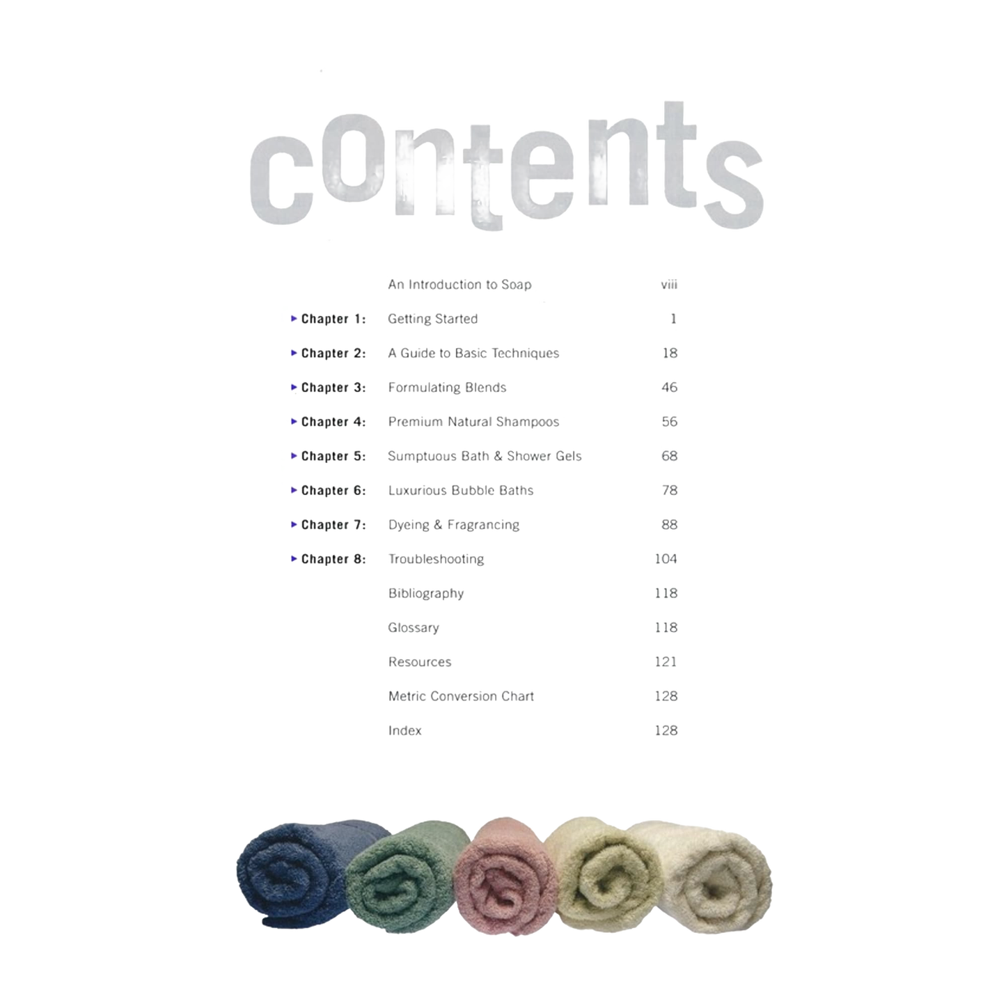 Contents page of a soapmaking book in simple black text with a playful gray title and five neatly rolled multicolored wool towels below, ideal for Health & Wellness and Soapmaking Supplies collections.