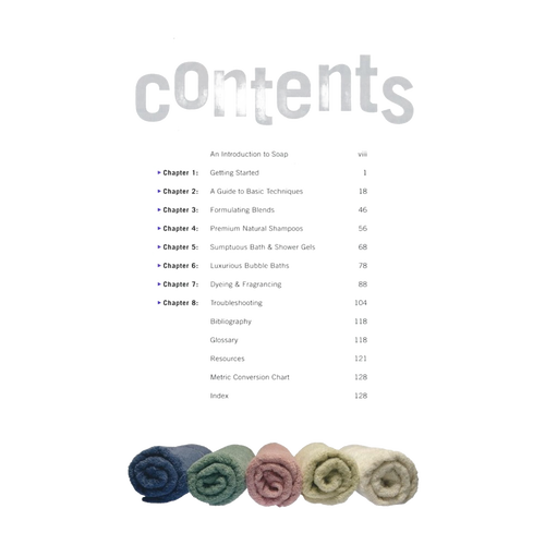 Contents page of a soapmaking book in simple black text with a playful gray title and five neatly rolled multicolored wool towels below, ideal for Health & Wellness and Soapmaking Supplies collections.