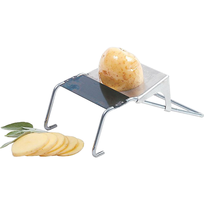 Handcrafted metal vegetable slicer with angled frame and sharp blade slicing a small potato into thin pieces, ideal for Kitchen & Food, Food Prep, Choppers and Cutters, Best Sellers, Promo Eligible collections.